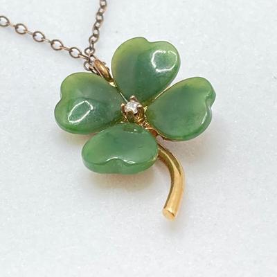 LOT 57: Vintage / Rare The Franklin Mint "The Diamond Shamrock" - Jade Four (4) Leaf Clover with Diamond Center and Sterling...