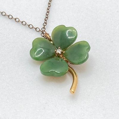 LOT 57: Vintage / Rare The Franklin Mint "The Diamond Shamrock" - Jade Four (4) Leaf Clover with Diamond Center and Sterling...