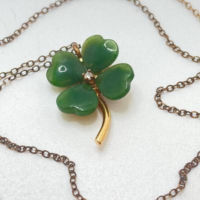 LOT 57: Vintage / Rare The Franklin Mint "The Diamond Shamrock" - Jade Four (4) Leaf Clover with Diamond Center and Sterling...