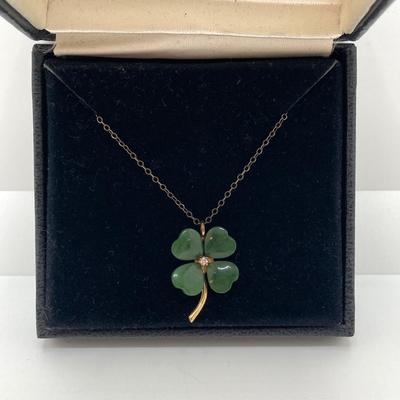 LOT 57: Vintage / Rare The Franklin Mint "The Diamond Shamrock" - Jade Four (4) Leaf Clover with Diamond Center and Sterling...