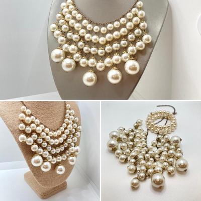 LOT 66: Gorgeous Faux Pearl Statement Necklace with Wrap Bracelet