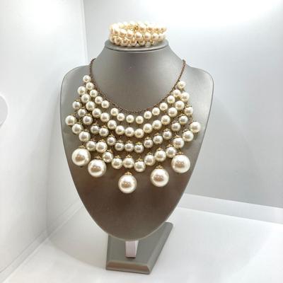 LOT 66: Gorgeous Faux Pearl Statement Necklace with Wrap Bracelet