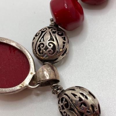 LOT 67: Stunning Vintage Artisan Red Coral / Sterling Pendant Necklace