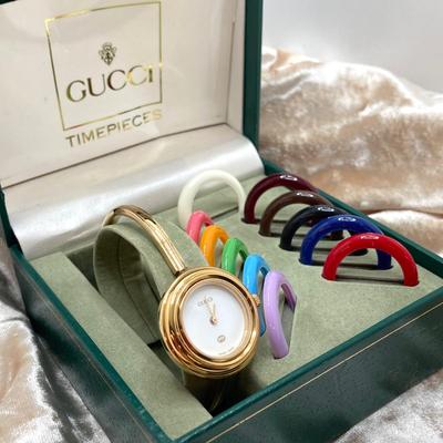 LOT 68: Beautiful Swiss Gucci Timepiece / Watch with Interchangeable Bezels in Original Box (NIB)