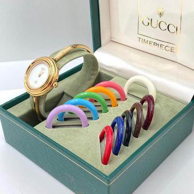 LOT 68: Beautiful Swiss Gucci Timepiece / Watch with Interchangeable Bezels in Original Box (NIB)
