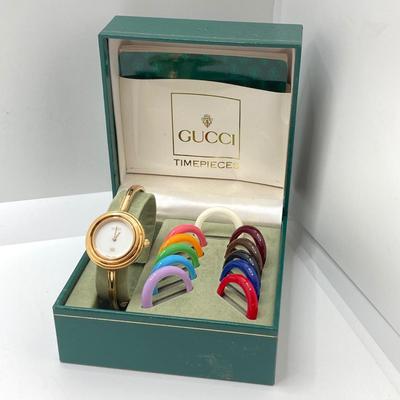 LOT 68: Beautiful Swiss Gucci Timepiece / Watch with Interchangeable Bezels in Original Box (NIB)