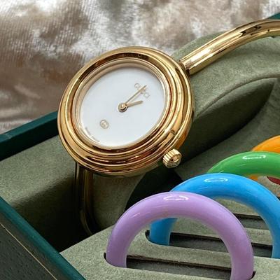 LOT 68: Beautiful Swiss Gucci Timepiece / Watch with Interchangeable Bezels in Original Box (NIB)