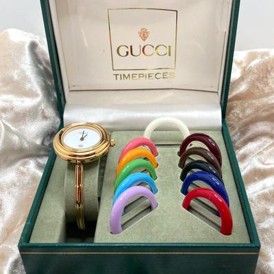 LOT 68: Beautiful Swiss Gucci Timepiece / Watch with Interchangeable Bezels in Original Box (NIB)