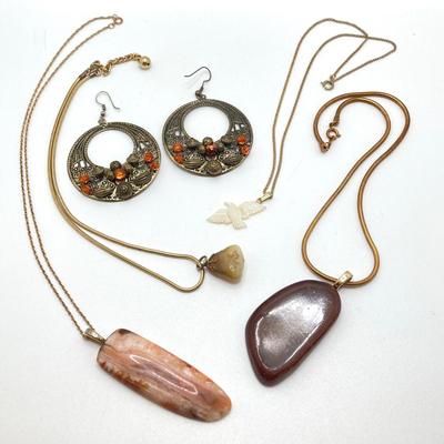 LOT 71: Vintage Jewelry - Polished Stone Pendant Necklaces, Ornate Earrings and More
