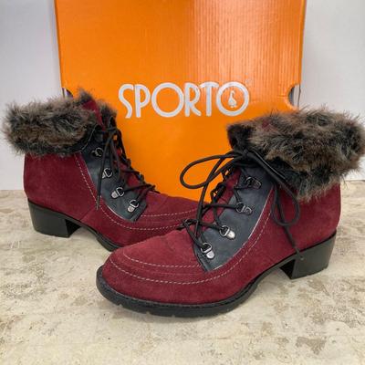 LOT 74: Burgundy Sporto (Holly) Sz 7.5M and Clarks Suede Wedge Ankle Boots Sz 7.5M