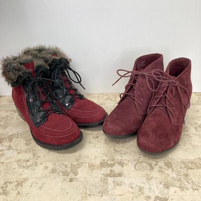 LOT 74: Burgundy Sporto (Holly) Sz 7.5M and Clarks Suede Wedge Ankle Boots Sz 7.5M