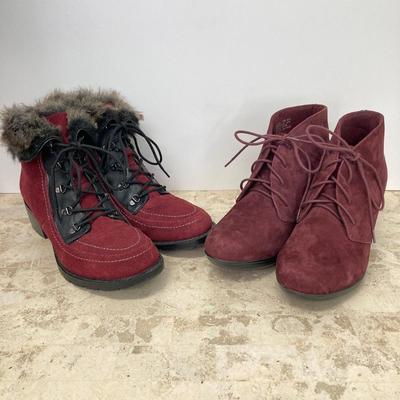 LOT 74: Burgundy Sporto (Holly) Sz 7.5M and Clarks Suede Wedge Ankle Boots Sz 7.5M