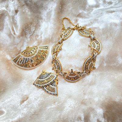 LOT 77: Beautiful Collection of Vintage Jewelry - Damascene Three Piece Set, Brooch and Gold Tone Earrings