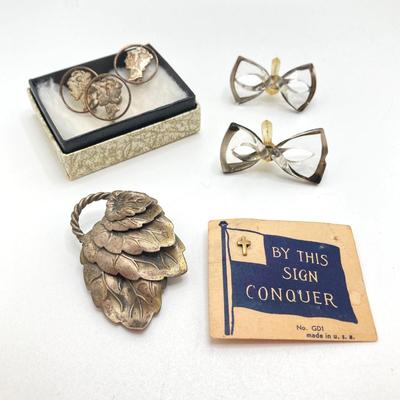 LOT 81: Vintage Jewelry Collection - Sterling Silver Bracelet / Earrings, Sweater Pin, Mercury Dime Cut-out Earrings / Pin and More