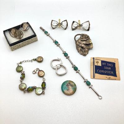 LOT 81: Vintage Jewelry Collection - Sterling Silver Bracelet / Earrings, Sweater Pin, Mercury Dime Cut-out Earrings / Pin and More