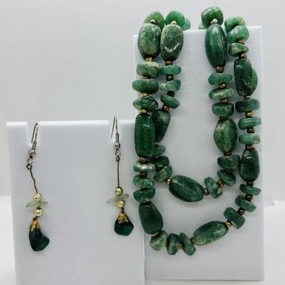 LOT 82: Vintage Artisan Aventurine Necklace 30" w/925 Clasp and Artisan Pierced Earrings