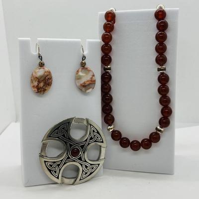 LOT 83: Camelian & Silver Bead Necklace 16" w/925 Clasp, SI Justin Celtic Brooch & Pierced Earrings