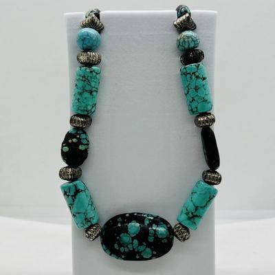 LOT 84: Artisan Chunky Turquoise/Stone Necklace, Sterling Silver 925 Square Turquoise Earrings & Dangling Turquoise/Stone Earrings