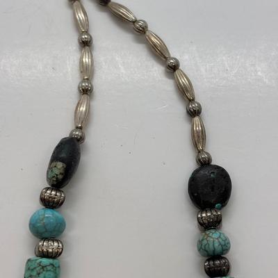LOT 84: Artisan Chunky Turquoise/Stone Necklace, Sterling Silver 925 Square Turquoise Earrings & Dangling Turquoise/Stone Earrings