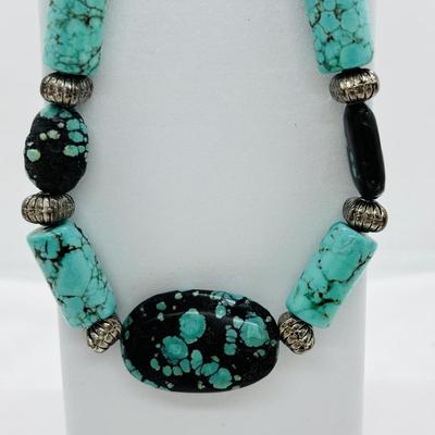 LOT 84: Artisan Chunky Turquoise/Stone Necklace, Sterling Silver 925 Square Turquoise Earrings & Dangling Turquoise/Stone Earrings