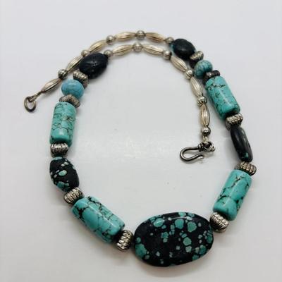 LOT 84: Artisan Chunky Turquoise/Stone Necklace, Sterling Silver 925 Square Turquoise Earrings & Dangling Turquoise/Stone Earrings
