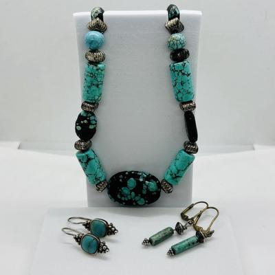LOT 84: Artisan Chunky Turquoise/Stone Necklace, Sterling Silver 925 Square Turquoise Earrings & Dangling Turquoise/Stone Earrings