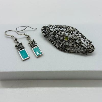 LOT 86: Vintage Art Deco Sterling Silver Marcasite Brooch w/Center Green Stone along w/ Sterling Silver 925 Dangling Earring w/Blue-Green...