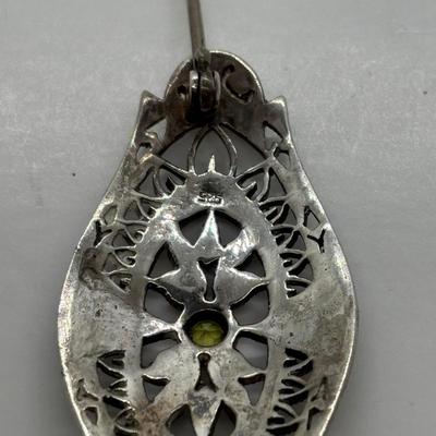 LOT 86: Vintage Art Deco Sterling Silver Marcasite Brooch w/Center Green Stone along w/ Sterling Silver 925 Dangling Earring w/Blue-Green...