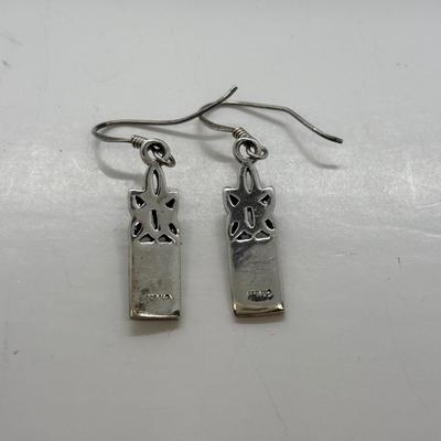 LOT 86: Vintage Art Deco Sterling Silver Marcasite Brooch w/Center Green Stone along w/ Sterling Silver 925 Dangling Earring w/Blue-Green...