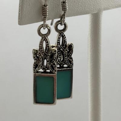 LOT 86: Vintage Art Deco Sterling Silver Marcasite Brooch w/Center Green Stone along w/ Sterling Silver 925 Dangling Earring w/Blue-Green...