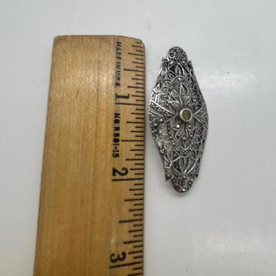 LOT 86: Vintage Art Deco Sterling Silver Marcasite Brooch w/Center Green Stone along w/ Sterling Silver 925 Dangling Earring w/Blue-Green...