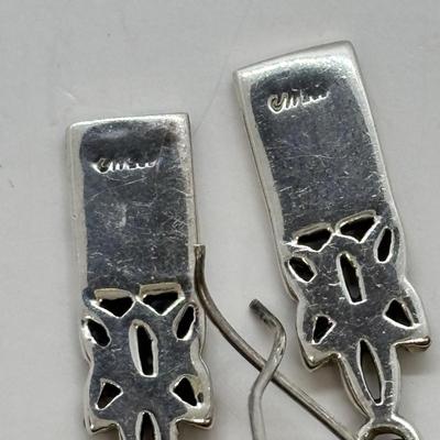 LOT 86: Vintage Art Deco Sterling Silver Marcasite Brooch w/Center Green Stone along w/ Sterling Silver 925 Dangling Earring w/Blue-Green...