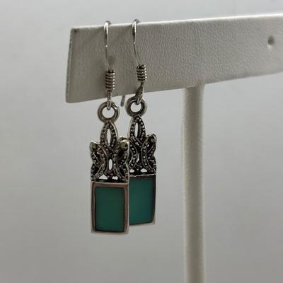 LOT 86: Vintage Art Deco Sterling Silver Marcasite Brooch w/Center Green Stone along w/ Sterling Silver 925 Dangling Earring w/Blue-Green...