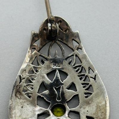 LOT 86: Vintage Art Deco Sterling Silver Marcasite Brooch w/Center Green Stone along w/ Sterling Silver 925 Dangling Earring w/Blue-Green...