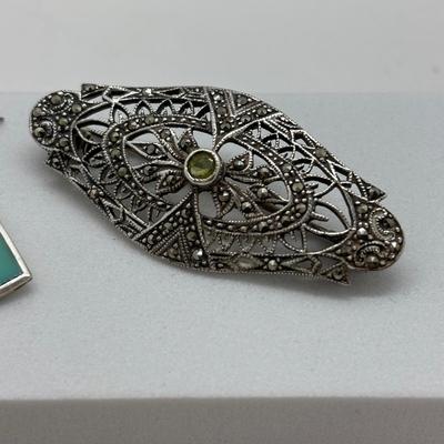 LOT 86: Vintage Art Deco Sterling Silver Marcasite Brooch w/Center Green Stone along w/ Sterling Silver 925 Dangling Earring w/Blue-Green...