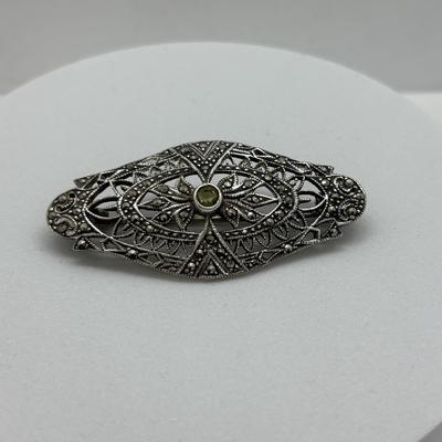 LOT 86: Vintage Art Deco Sterling Silver Marcasite Brooch w/Center Green Stone along w/ Sterling Silver 925 Dangling Earring w/Blue-Green...