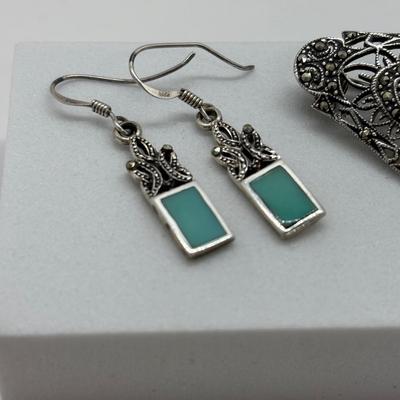 LOT 86: Vintage Art Deco Sterling Silver Marcasite Brooch w/Center Green Stone along w/ Sterling Silver 925 Dangling Earring w/Blue-Green...