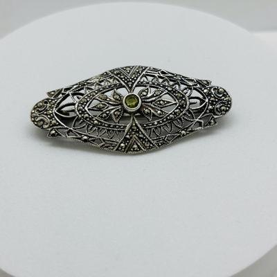 LOT 86: Vintage Art Deco Sterling Silver Marcasite Brooch w/Center Green Stone along w/ Sterling Silver 925 Dangling Earring w/Blue-Green...