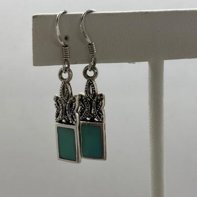 LOT 86: Vintage Art Deco Sterling Silver Marcasite Brooch w/Center Green Stone along w/ Sterling Silver 925 Dangling Earring w/Blue-Green...