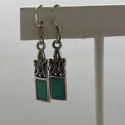 LOT 86: Vintage Art Deco Sterling Silver Marcasite Brooch w/Center Green Stone along w/ Sterling Silver 925 Dangling Earring w/Blue-Green...