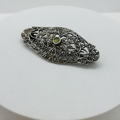 LOT 86: Vintage Art Deco Sterling Silver Marcasite Brooch w/Center Green Stone along w/ Sterling Silver 925 Dangling Earring w/Blue-Green...