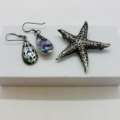 LOT 87: Sterling Silver (925) Star Fich Brooch along w/Sterling Silver (925) Filigree & Abalone Teardrop Earrings