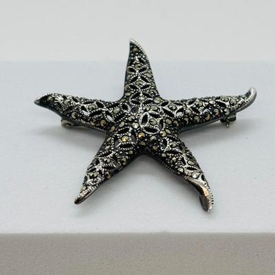 LOT 87: Sterling Silver (925) Star Fich Brooch along w/Sterling Silver (925) Filigree & Abalone Teardrop Earrings
