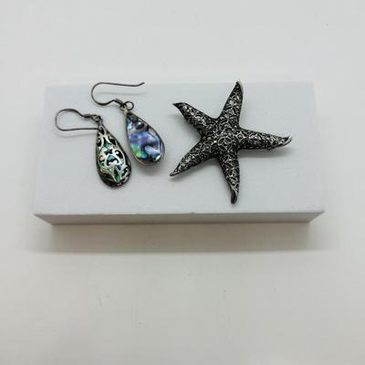 LOT 87: Sterling Silver (925) Star Fich Brooch along w/Sterling Silver (925) Filigree & Abalone Teardrop Earrings