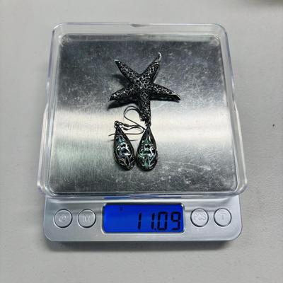 LOT 87: Sterling Silver (925) Star Fich Brooch along w/Sterling Silver (925) Filigree & Abalone Teardrop Earrings