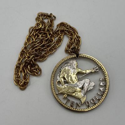 LOT 96: Vintage Pendant/Necklace Collection: Trifari Pisces Etched Glass Zodiac, Barbados Cut-out Coin, Gold/Silver Tone Pisces Zodiac...