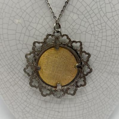 LOT 96: Vintage Pendant/Necklace Collection: Trifari Pisces Etched Glass Zodiac, Barbados Cut-out Coin, Gold/Silver Tone Pisces Zodiac...