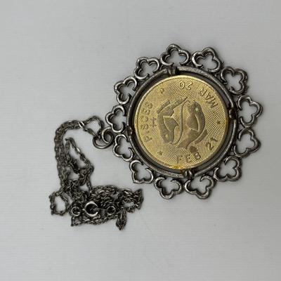 LOT 96: Vintage Pendant/Necklace Collection: Trifari Pisces Etched Glass Zodiac, Barbados Cut-out Coin, Gold/Silver Tone Pisces Zodiac...