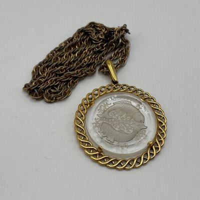 LOT 96: Vintage Pendant/Necklace Collection: Trifari Pisces Etched Glass Zodiac, Barbados Cut-out Coin, Gold/Silver Tone Pisces Zodiac...