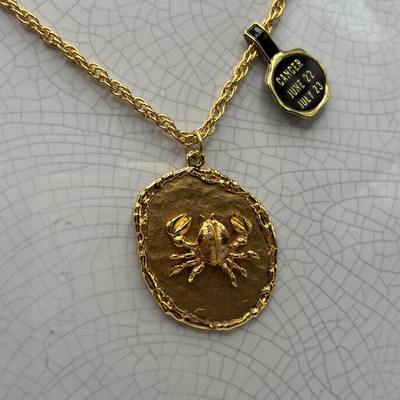 LOT 96: Vintage Pendant/Necklace Collection: Trifari Pisces Etched Glass Zodiac, Barbados Cut-out Coin, Gold/Silver Tone Pisces Zodiac...